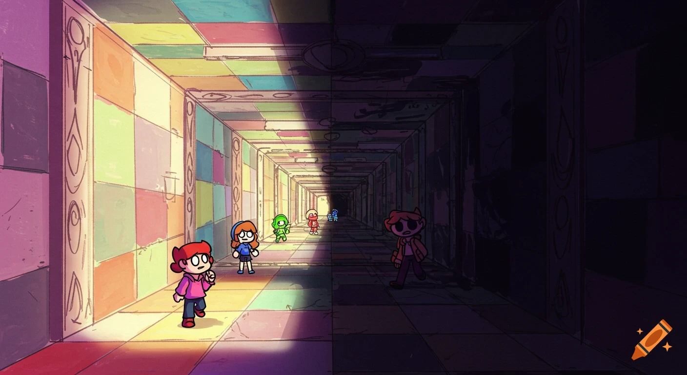 Cartoon characters walk through a long hallway with colorful tiled walls, sharply divided by a strong line of light and shadow.