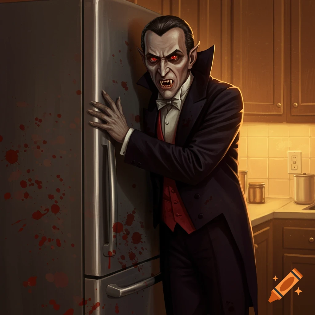 A menacing vampire with red eyes and fangs leans against a blood-splattered refrigerator in a kitchen.