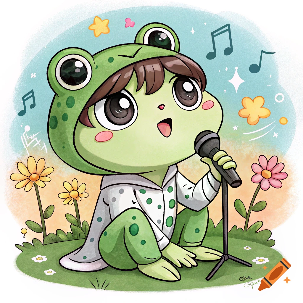 A cute cartoon character in a green frog costume with brown hair sings into a microphone amidst colorful flowers and musical notes.