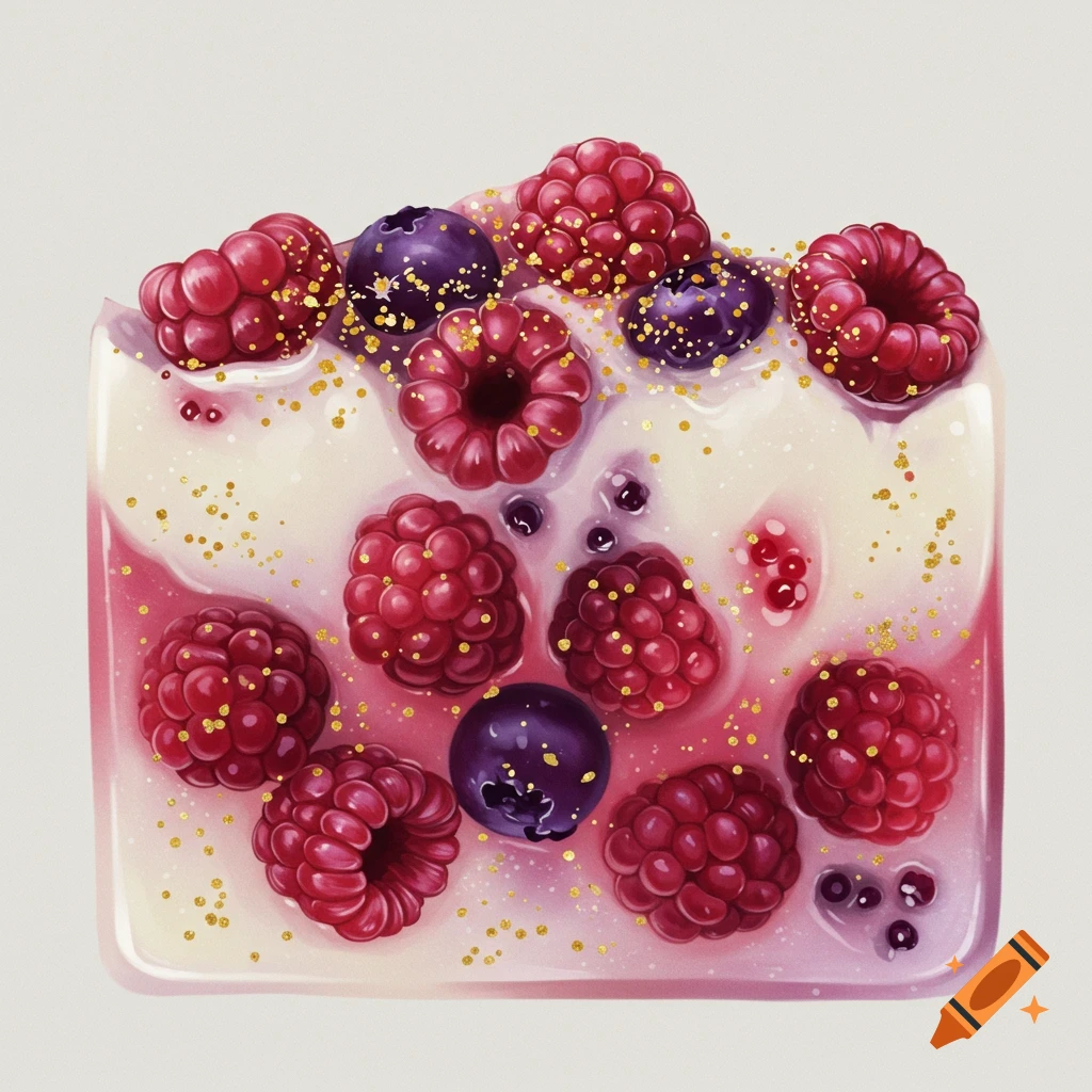 A close-up of a bar of white and pink swirled soap, adorned with red raspberries, dark blueberries, and gold glitter.