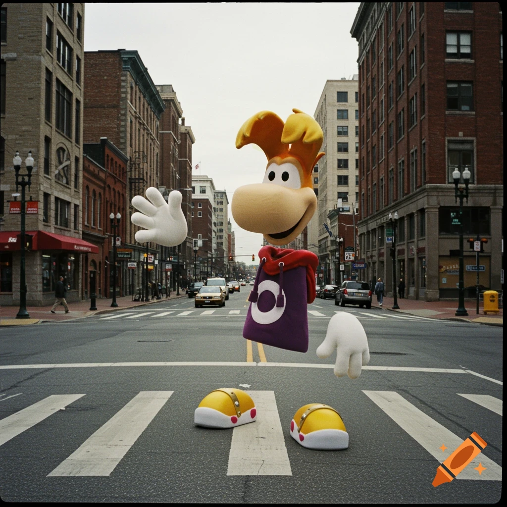 Rayman mascot character floats on a crosswalk in the middle of a city street with buildings and cars.