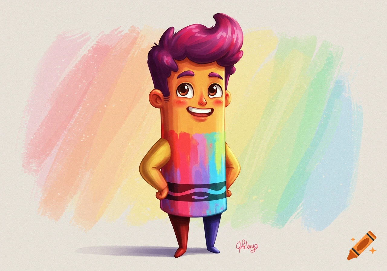A vibrant, humanized cartoon crayon character stands against a soft rainbow background.