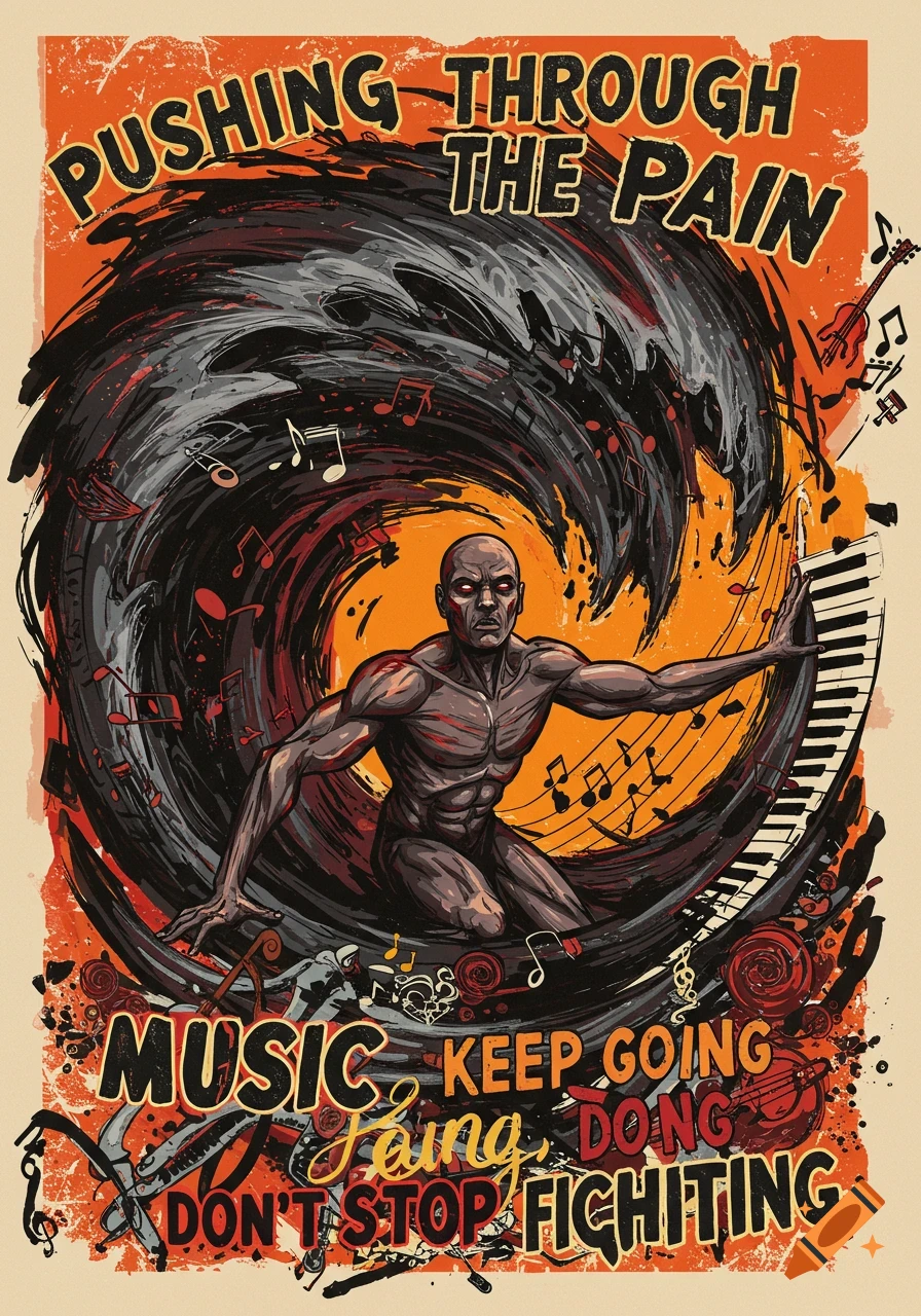 Graphic illustration of a gaunt man with red eyes struggling in a swirling vortex of black, with musical notes and instruments. Text reads 'PUSHING THROUGH THE PAIN' and 'MUSIC KEEP GOING DON'T STOP FIGHTING'.