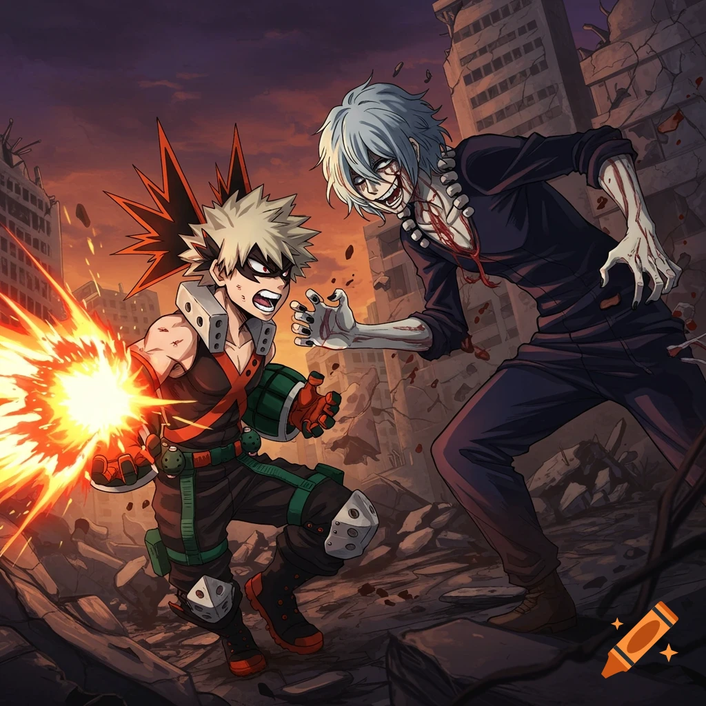 Bakugo unleashes an explosion at Shigaraki in a battle amidst ruined city buildings, in a dynamic anime art style.