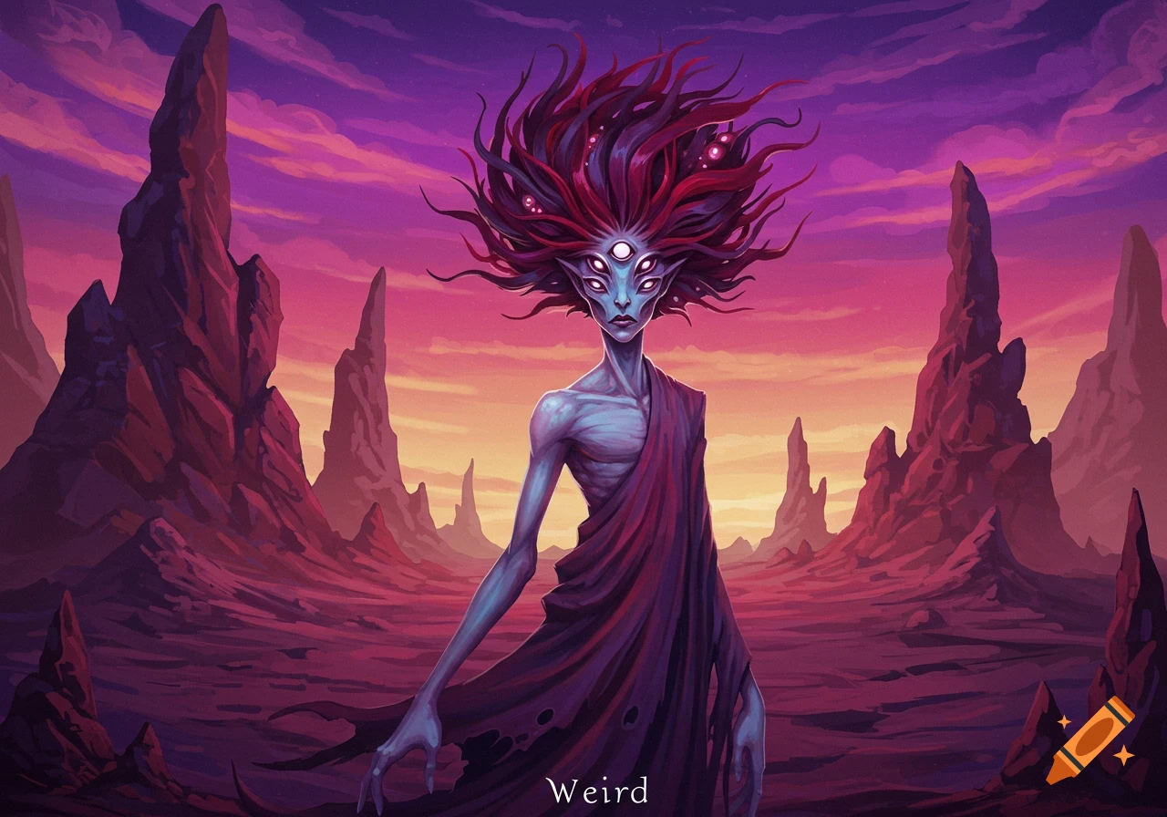 A multi-eyed, slender, grey-skinned alien creature in a purple robe stands in a desolate, rocky landscape under a vibrant purple and orange sky.