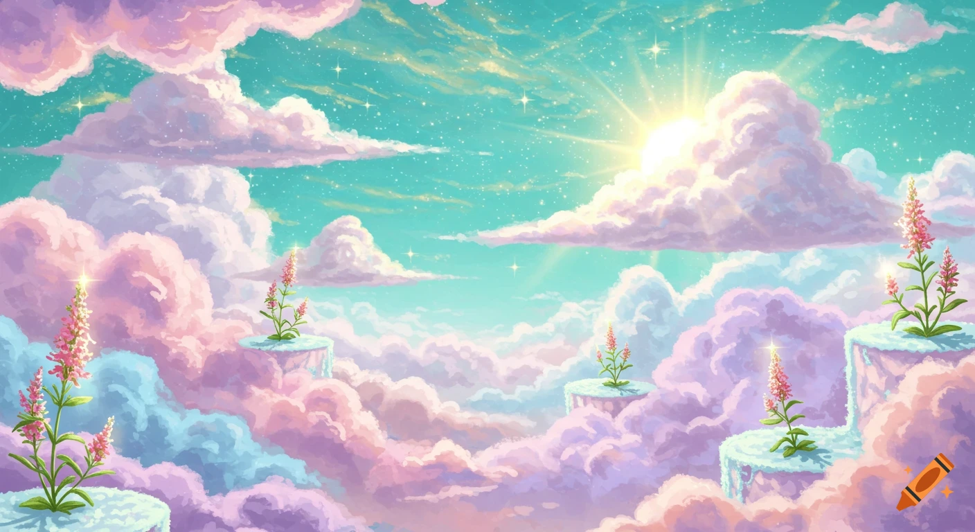 A vibrant fantasy sky with pink and blue clouds, a bright sun, and whimsical plants on floating islands.
