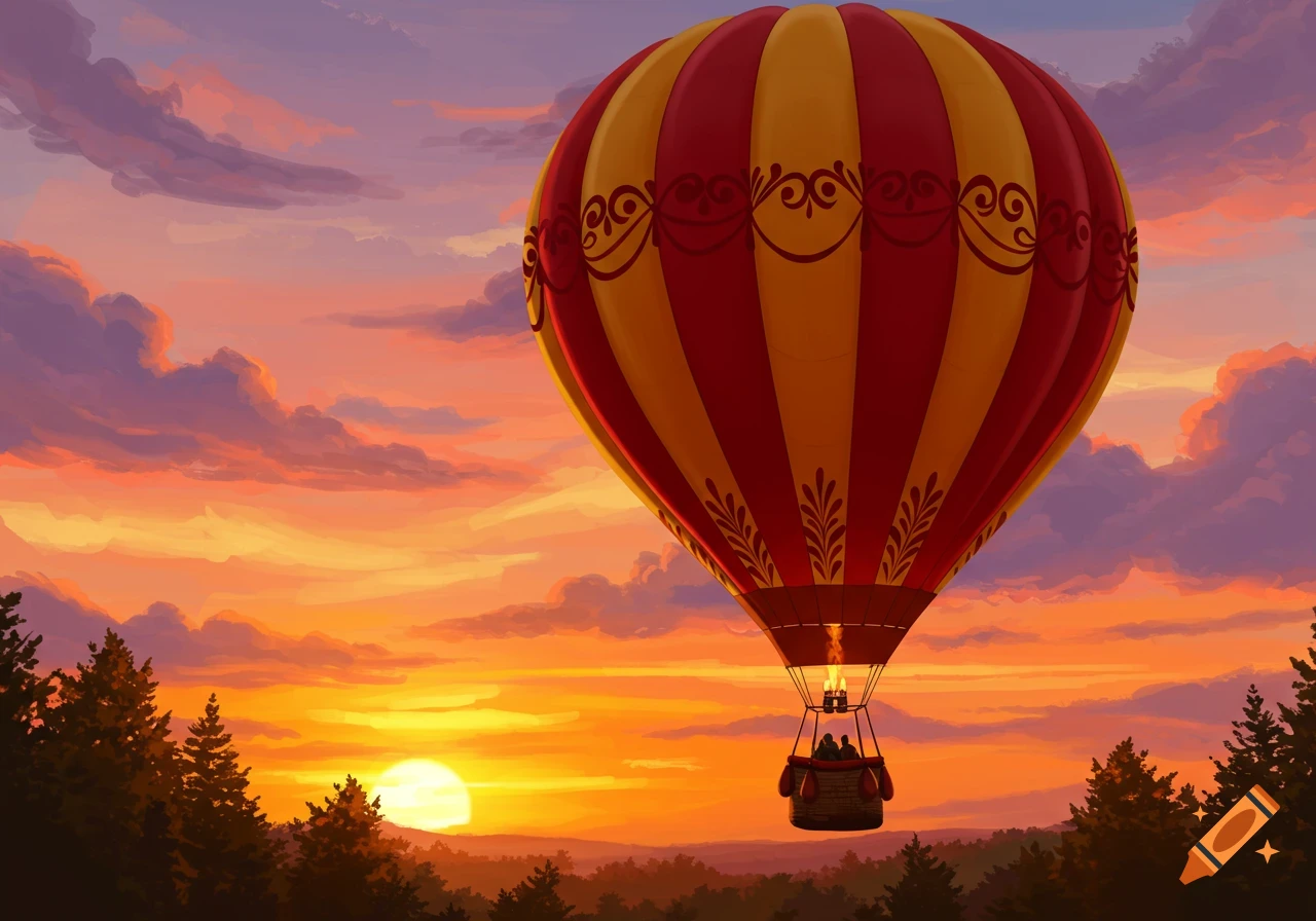 A red and yellow hot air balloon floats over a forest at sunset, with a large orange sun low in the sky.