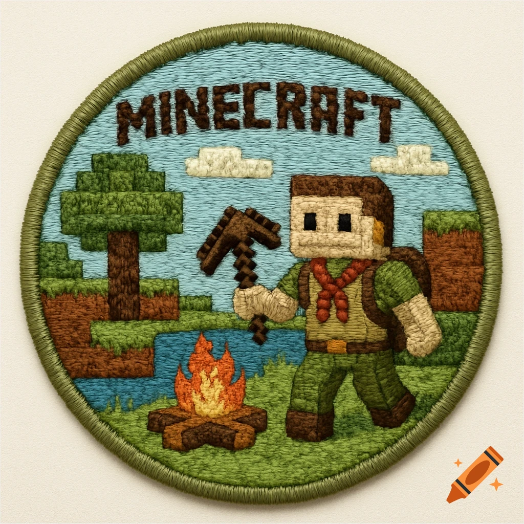 Embroidered Minecraft scout patch featuring a blocky character with a pickaxe by a campfire, river, and trees.