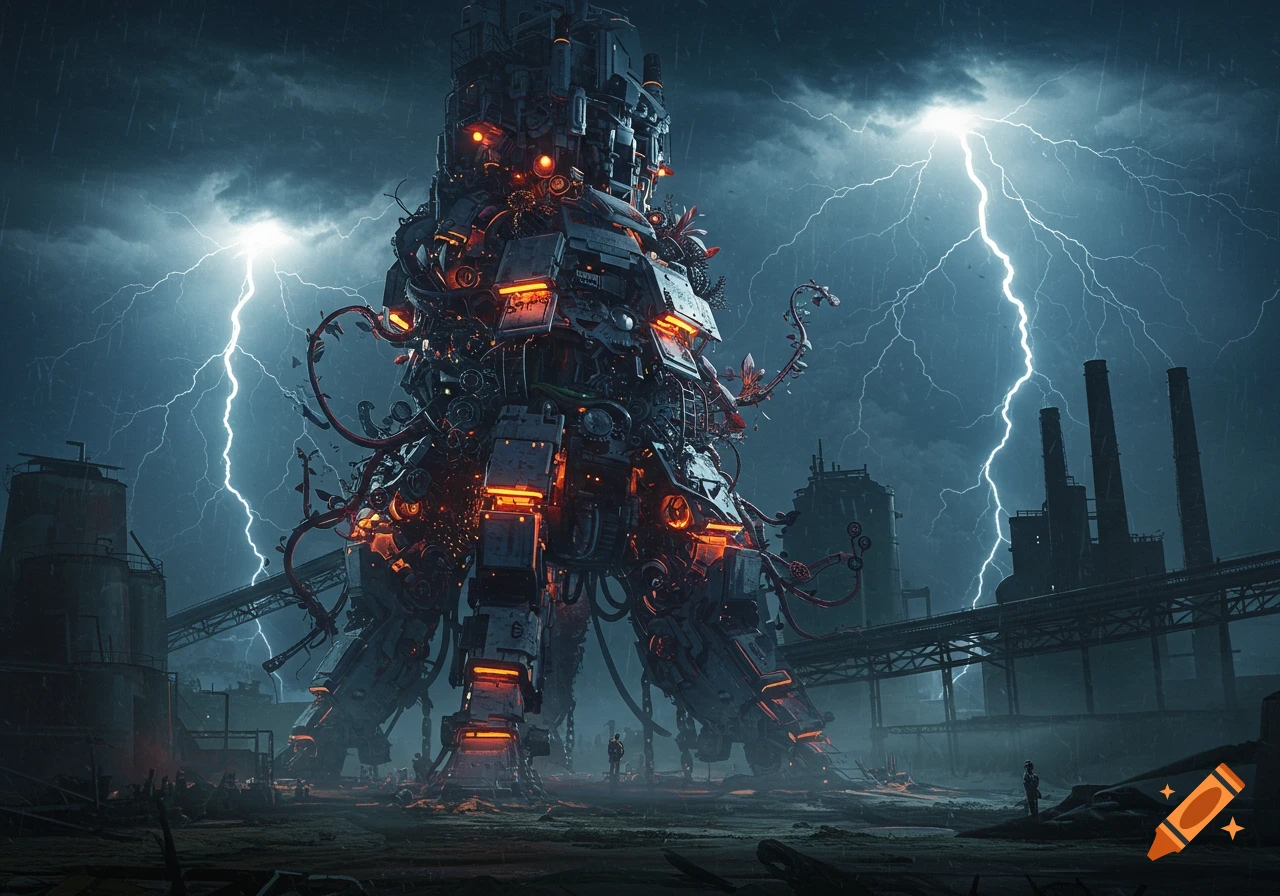 A colossal, intricate machine with glowing orange parts stands in an industrial wasteland under a stormy sky with bright lightning.