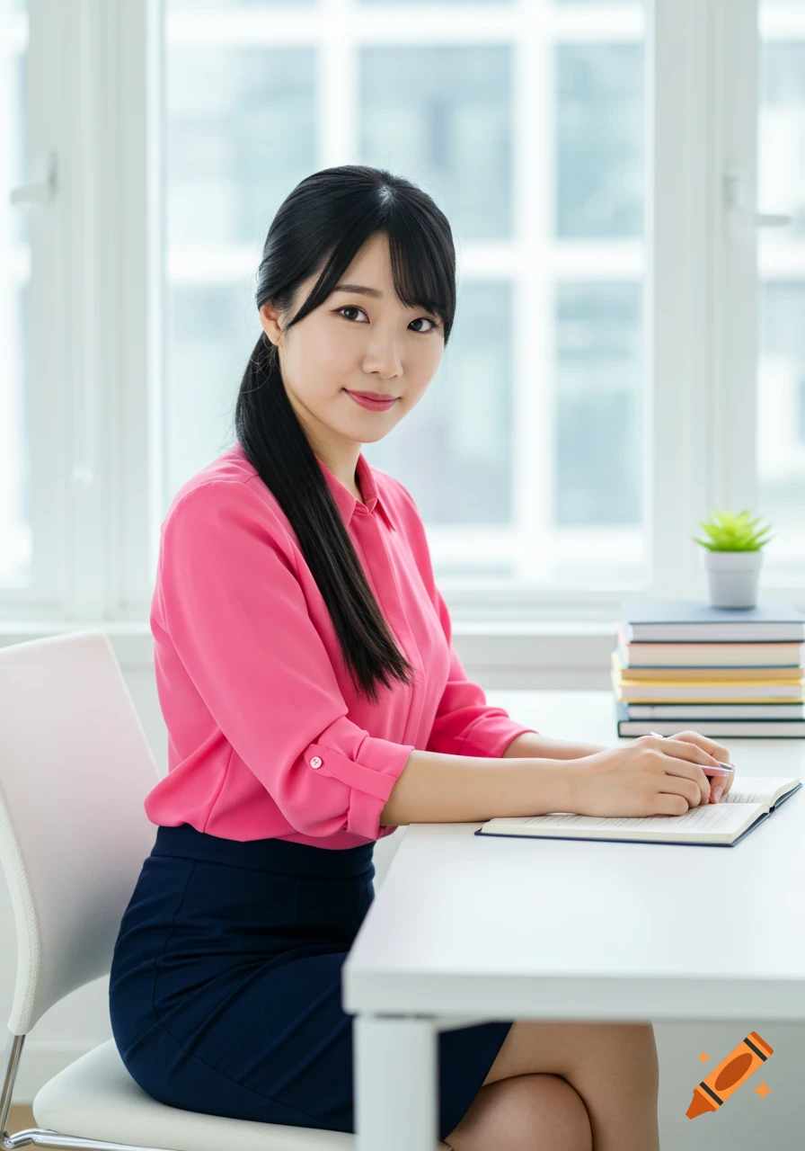A young Asian woman in a pink shirt and dark skirt sits at a white desk with an open notebook, smiling slightly towards the viewer.