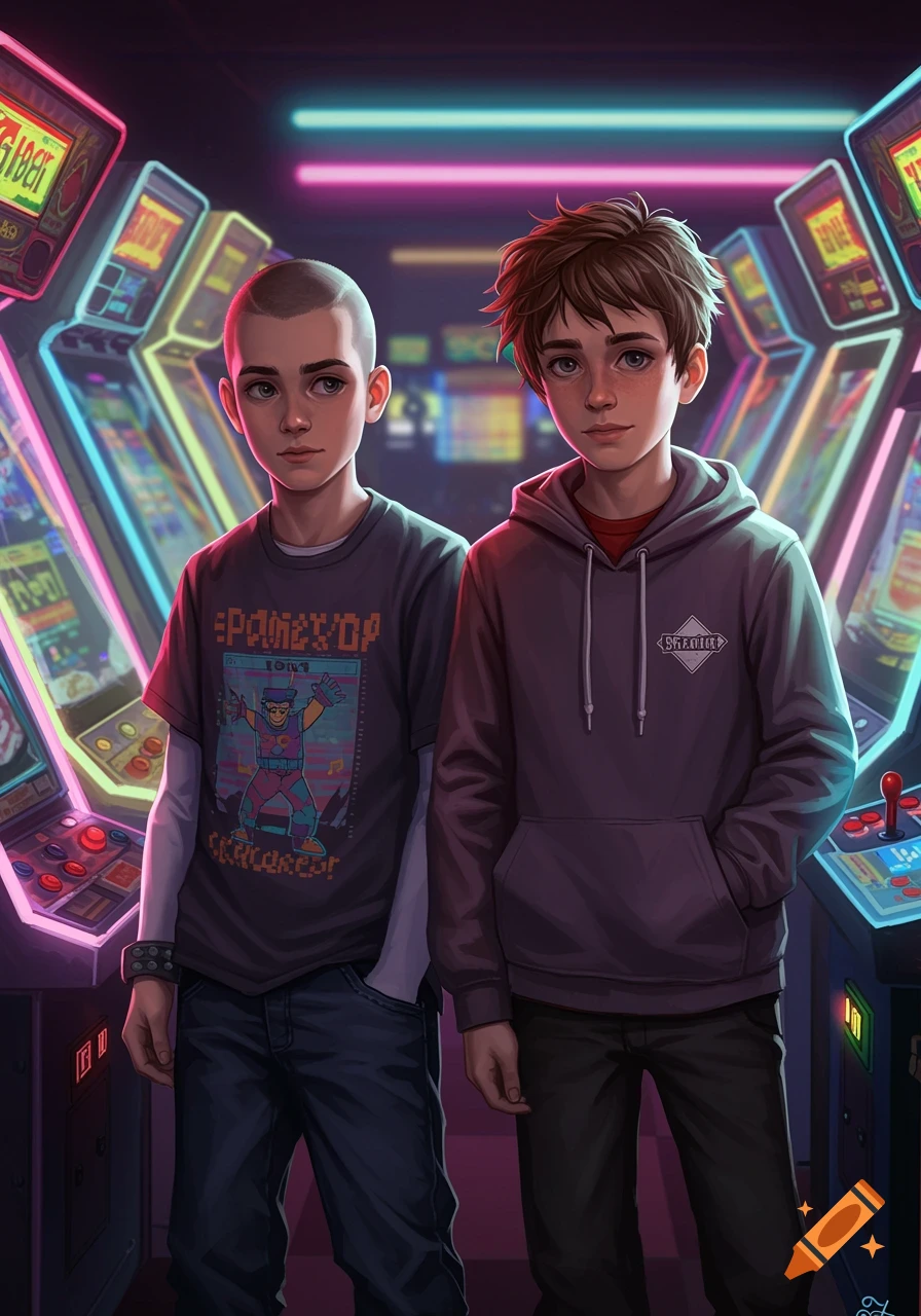 Two boys standing in a neon-lit arcade among various arcade machines.