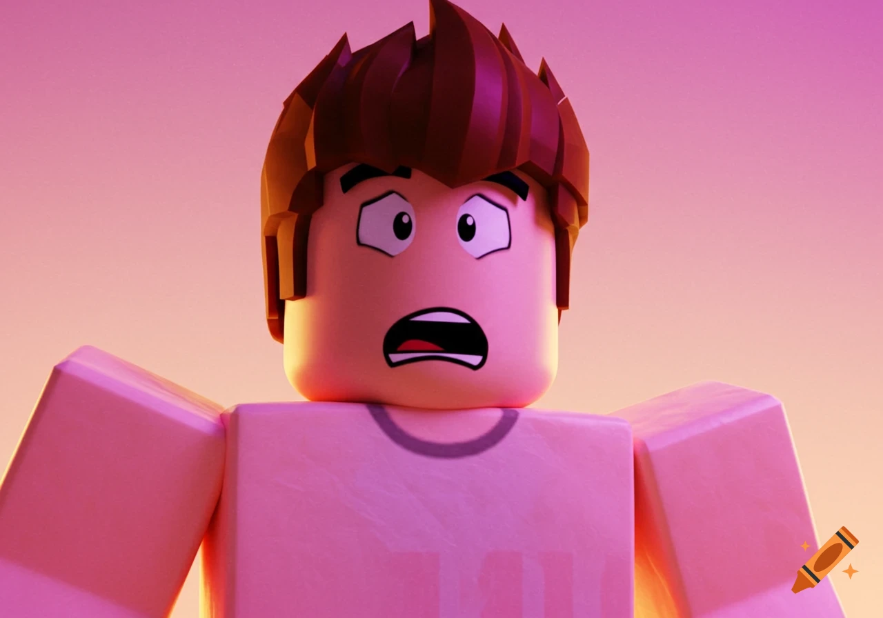 A Roblox character with a surprised and fearful expression looks ...