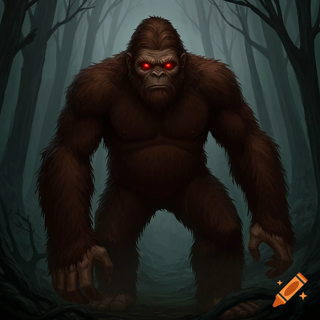 A large, brown, hairy Bigfoot monster with glowing red eyes stands menacingly in a dark, misty forest, digital art.