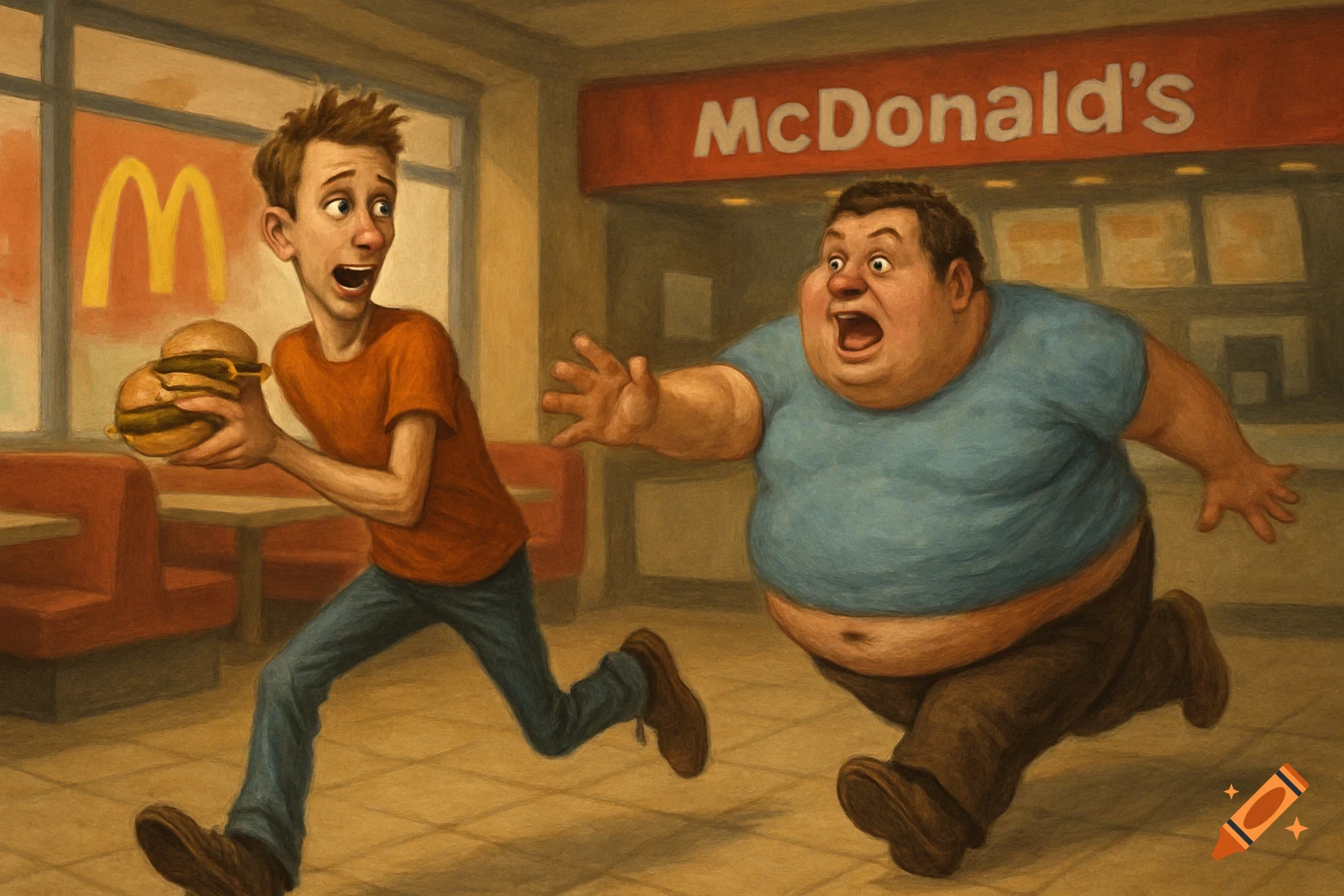 A thin man runs with burgers away from an angry fat man inside a cartoonish McDonald's restaurant.