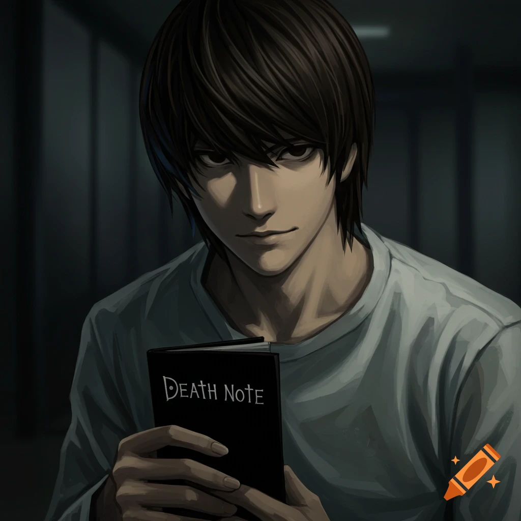 Anime-style portrait of a young man with dark hair, looking intently at the viewer while holding a black book titled 'DEATH NOTE'.