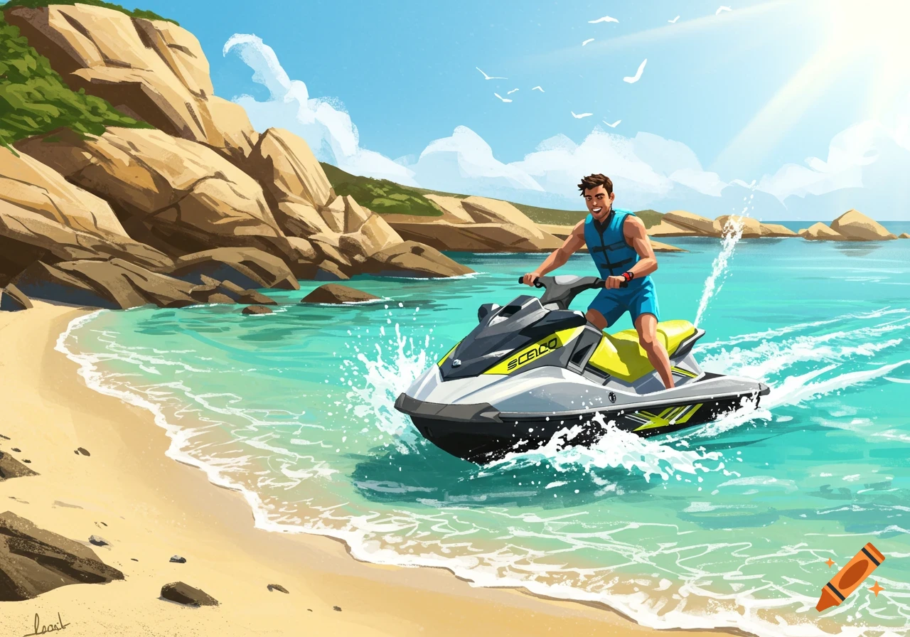 An illustration of a man on a jetski riding through turquoise water near a sandy beach with rocky cliffs under a sunny sky.