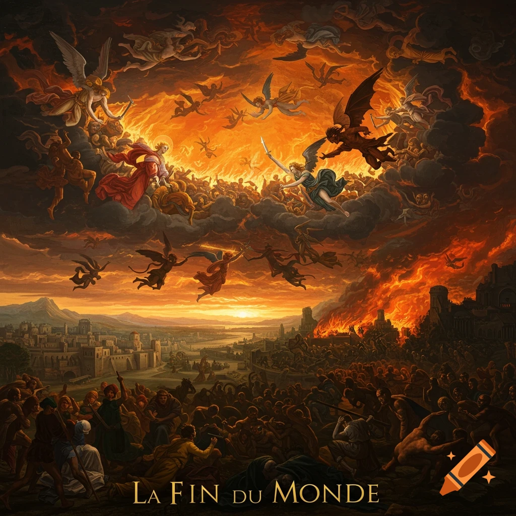 An epic painting depicts angels and demons battling in a fiery sky over a burning city with distressed crowds, titled 'LA FIN du MONDE'.