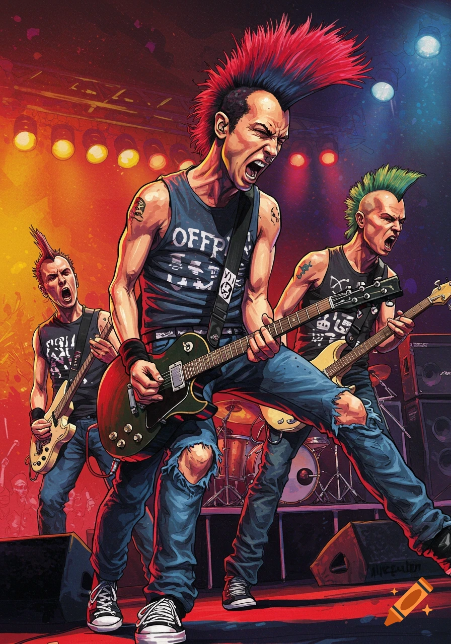 Stylized illustration of a punk rock band with mohawks