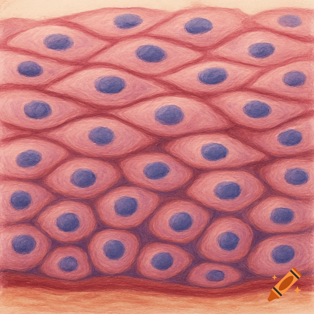 A detailed scientific illustration of stratified squamous epithelium, showing layers of pink cells with purple nuclei above a reddish basement membrane.