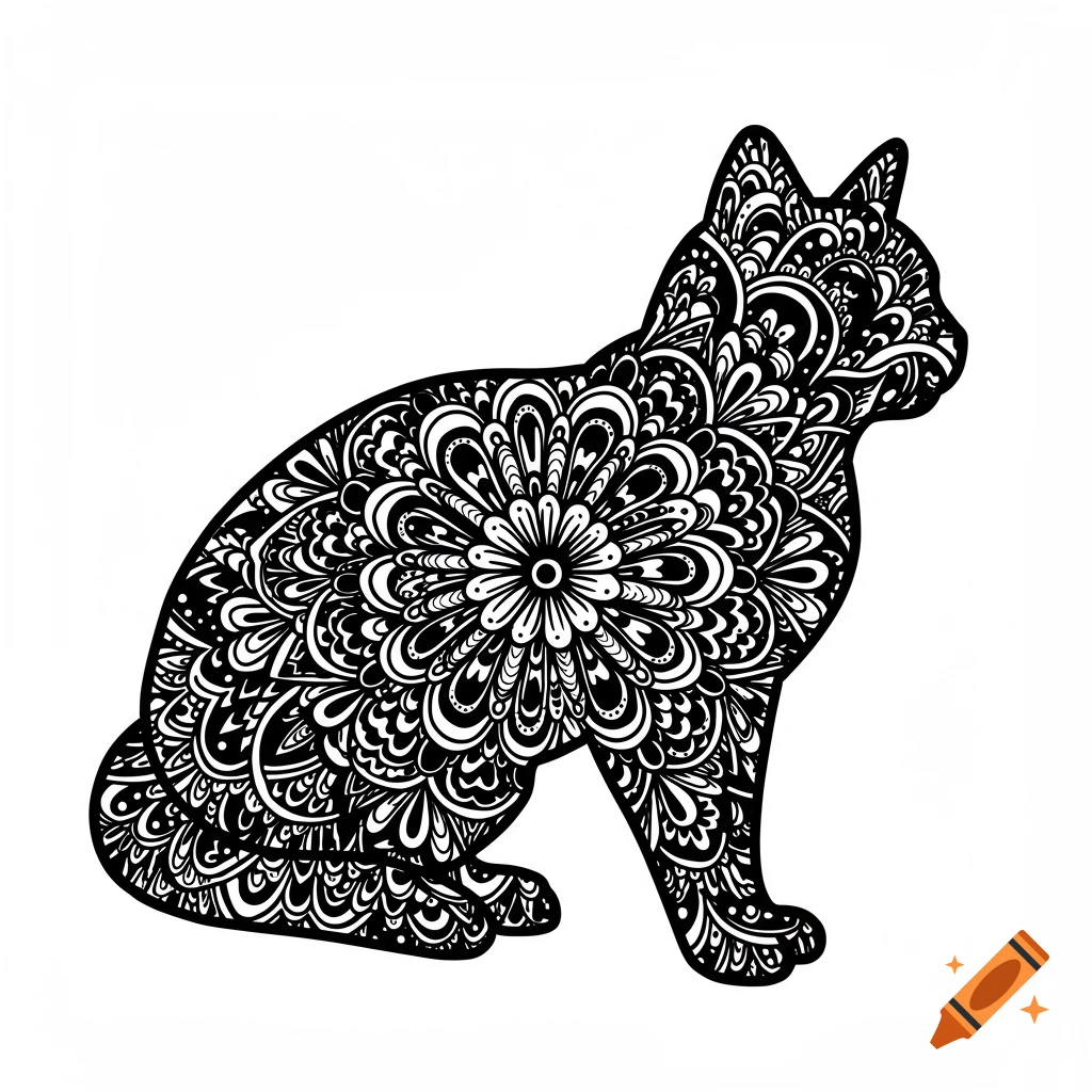 Black and white graphic of a cat silhouette filled with intricate patterns on a white background.