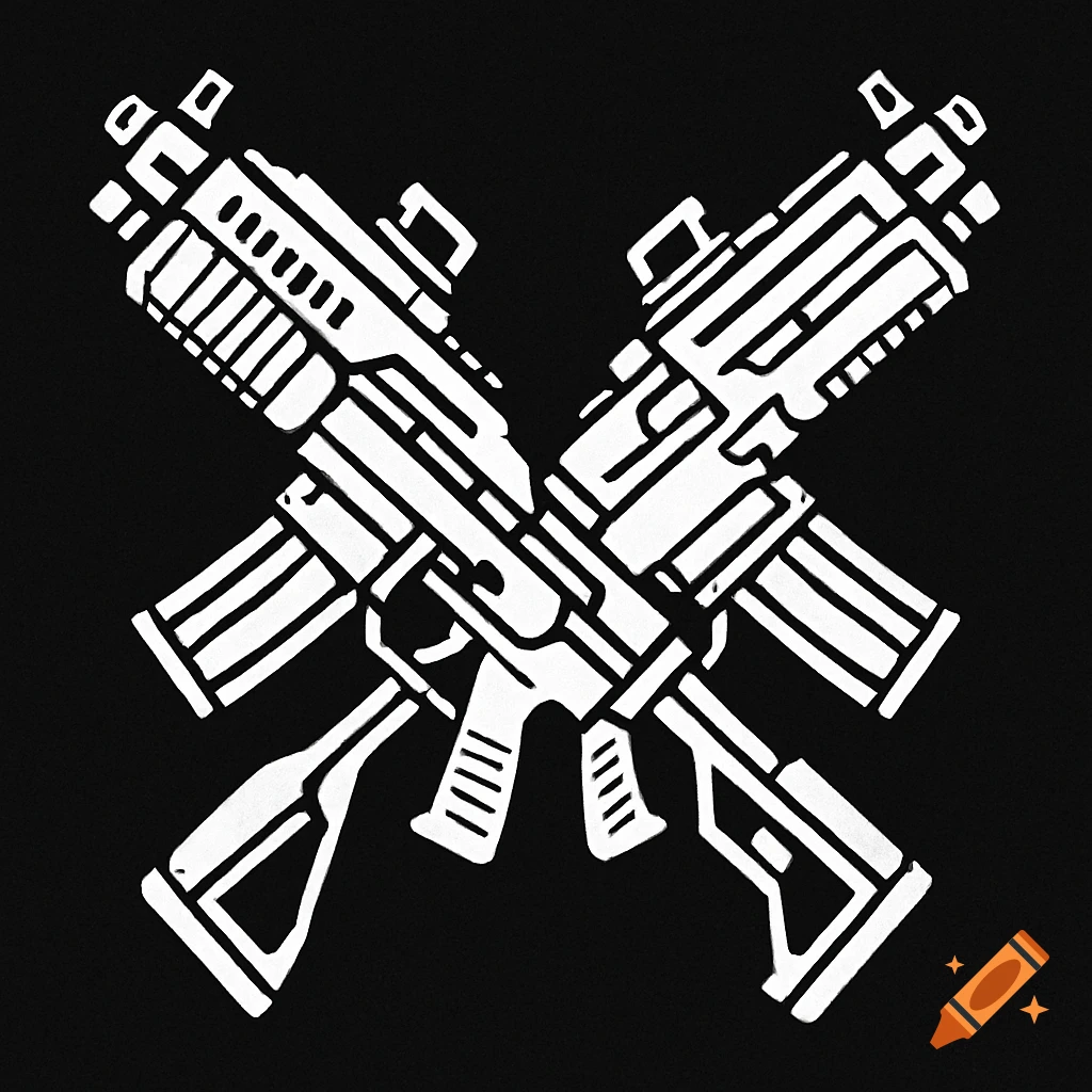 A minimalist white outline icon showing two stylized assault rifles crossed over a black background.