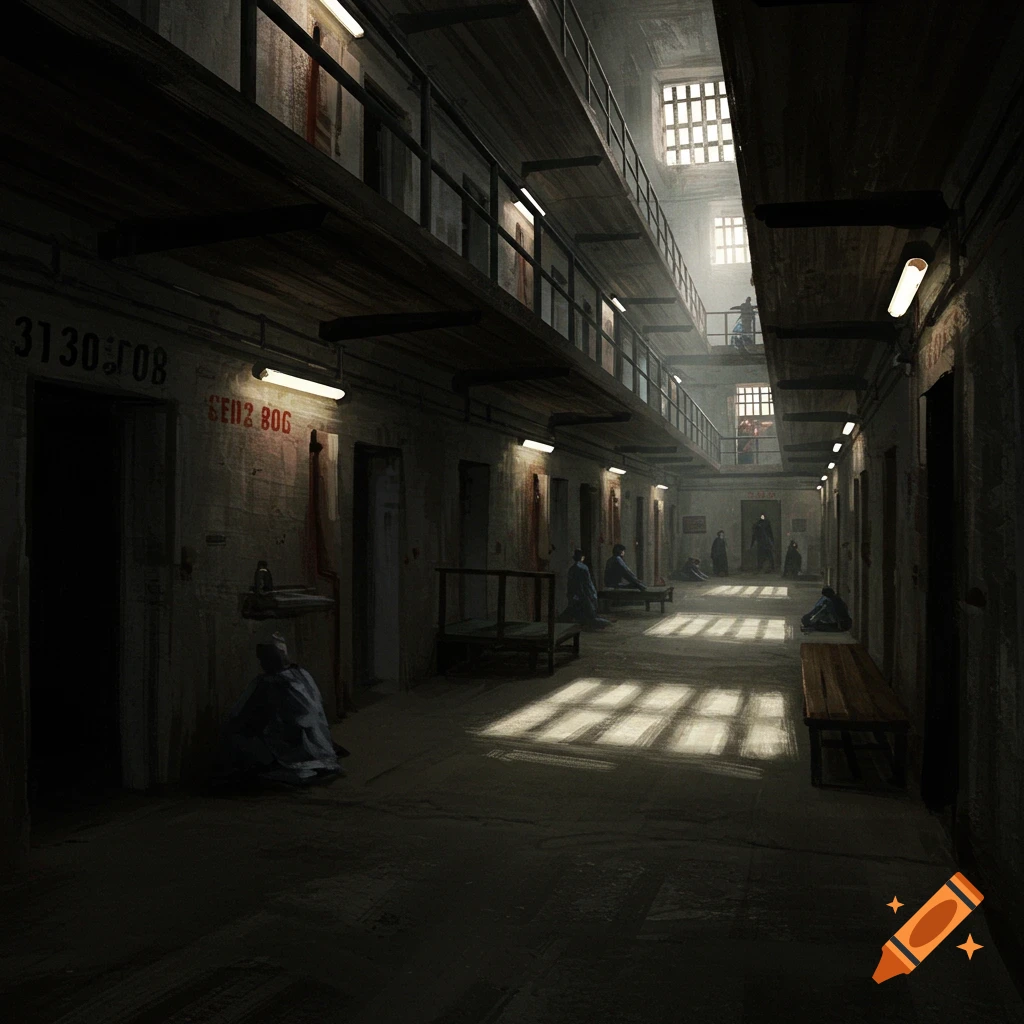 A dark, multi-story prison hallway with inmates in cells and sunlight streaming through barred windows.
