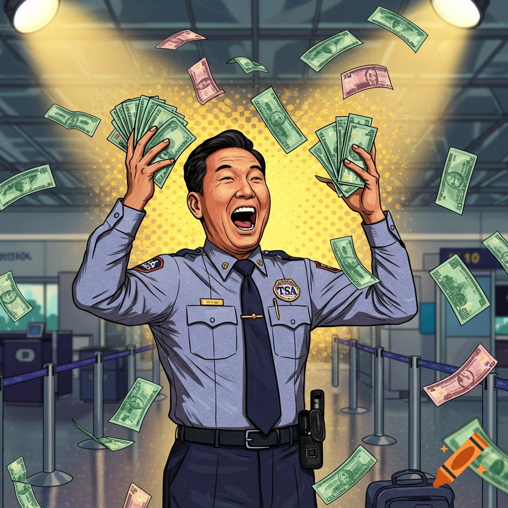 A happy TSA agent in a comic book style uniform celebrates with green and pink money falling around him in an airport.