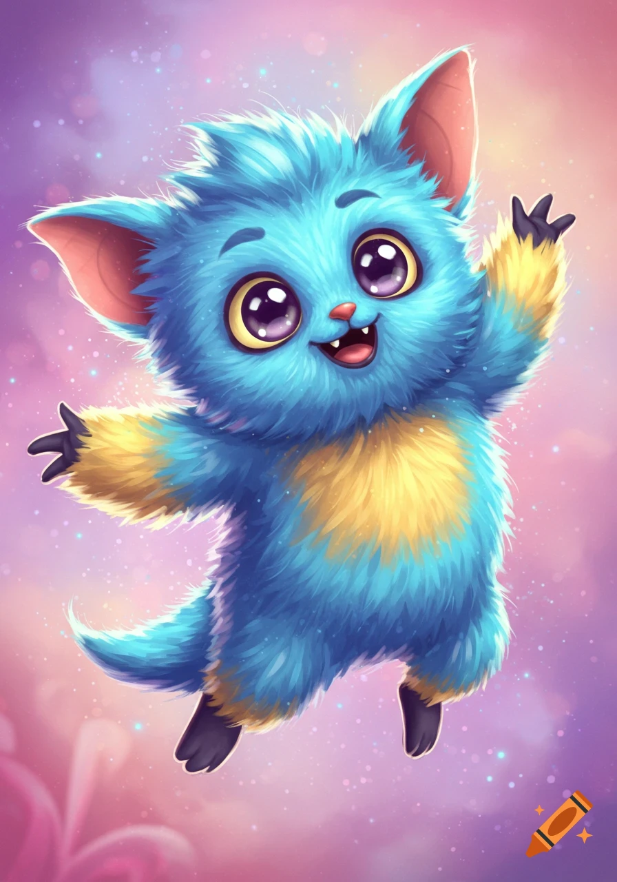 A fluffy blue and yellow fantasy creature with big eyes, smiling and waving, against a pastel background.