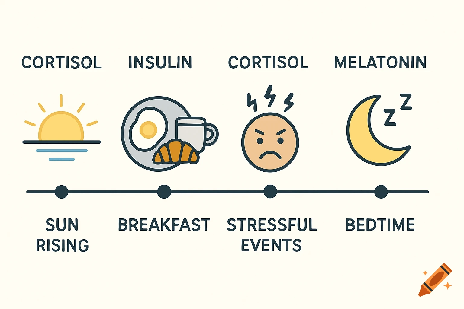 A colorful infographic timeline depicting daily hormonal cycles: sun rising (cortisol), breakfast (insulin), stressful events (cortisol), and bedtime (melatonin).