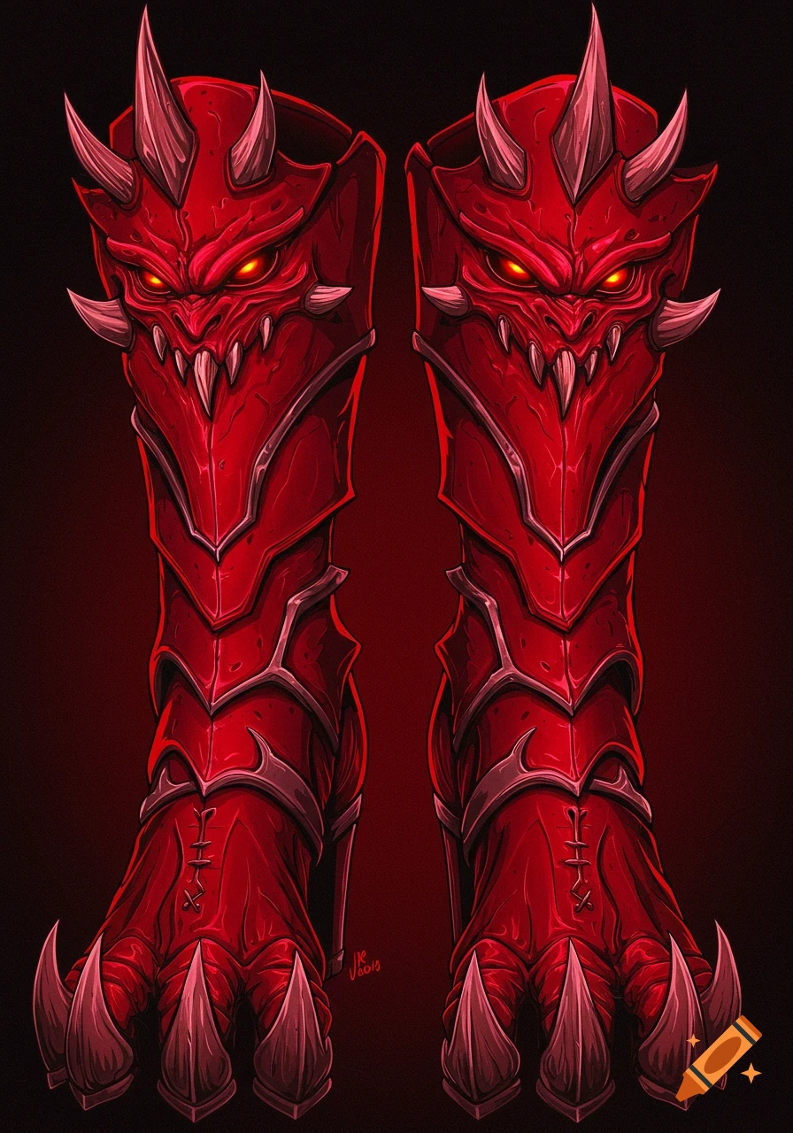 An illustrated pair of bright red demonic boots with glowing eyes, sharp teeth, horns, and clawed toes.