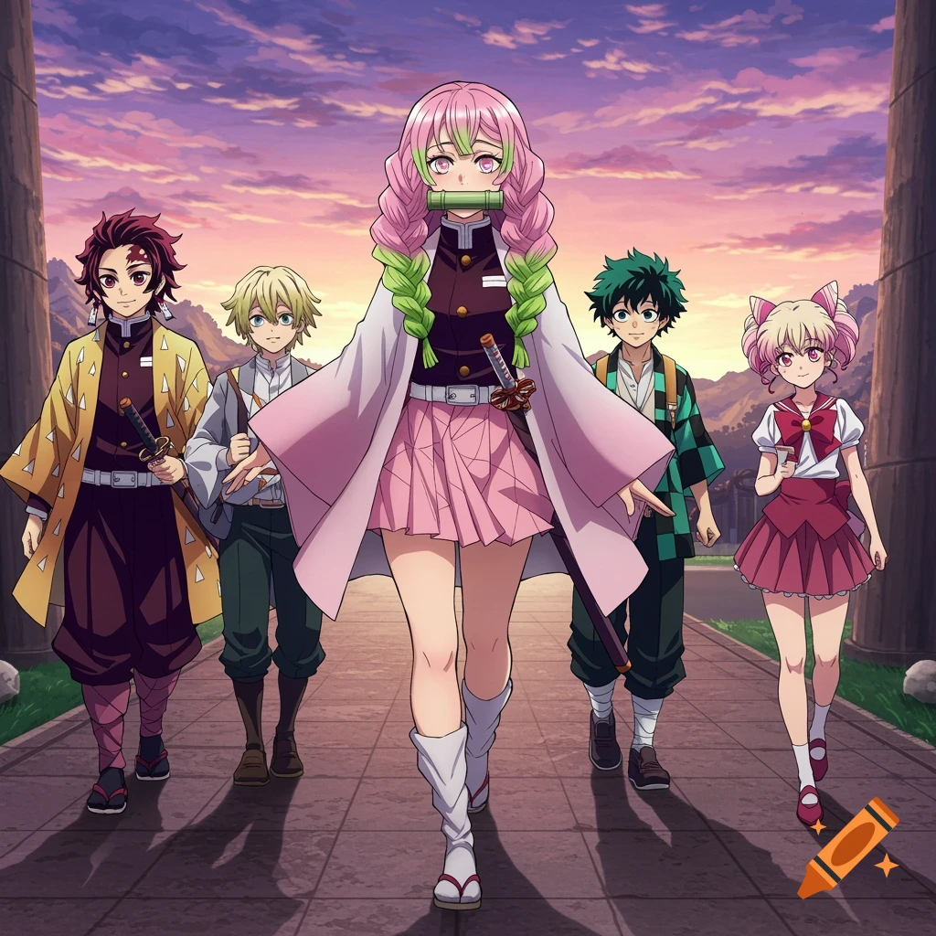 A group of five anime-style characters, including a pink-haired woman with a bamboo muzzle and a boy with a checkered haori, walk down a path under a sunset sky.