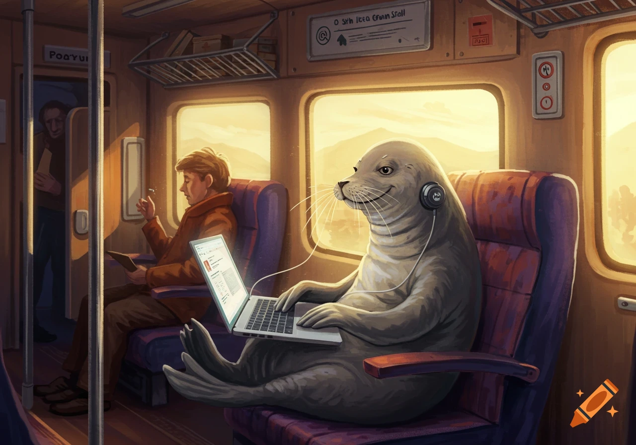 A smiling gray seal with headphones sits on a train, typing on a laptop, with a person sitting behind it.