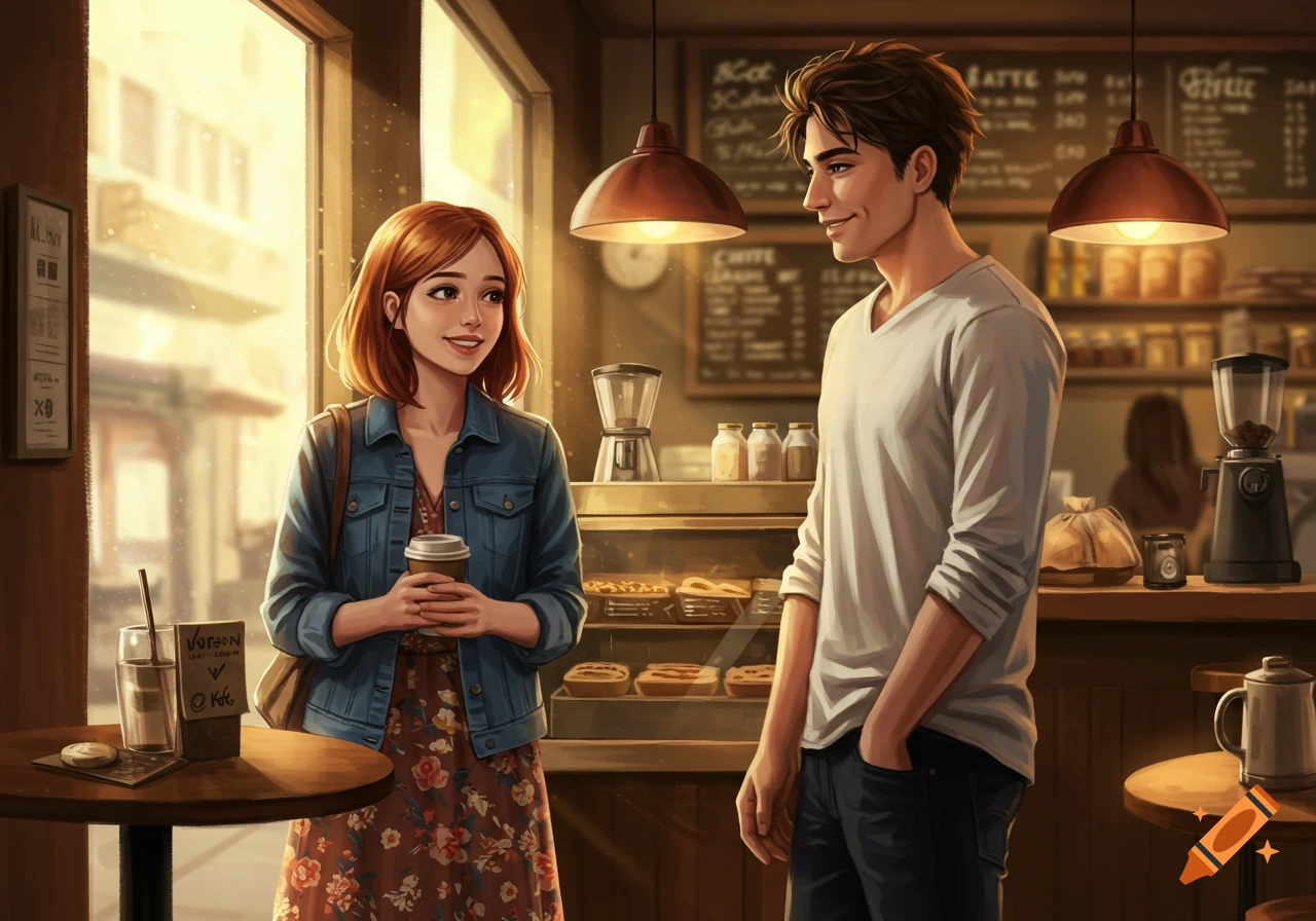 Illustrative image of a man and woman looking at each other in a warm, sunlit coffee shop.