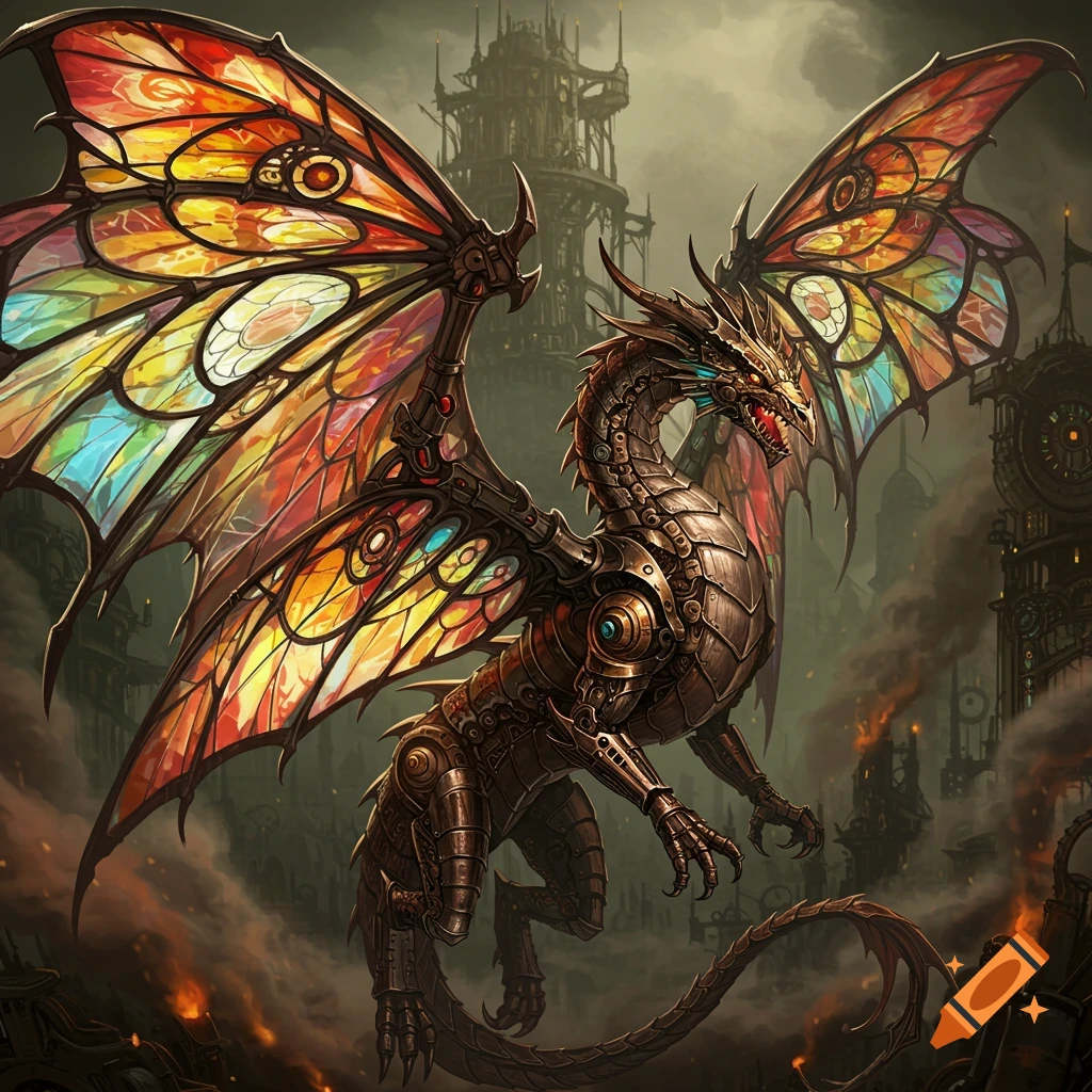 Steampunk dragon with colorful stained glass wings in a desolate, industrial city.