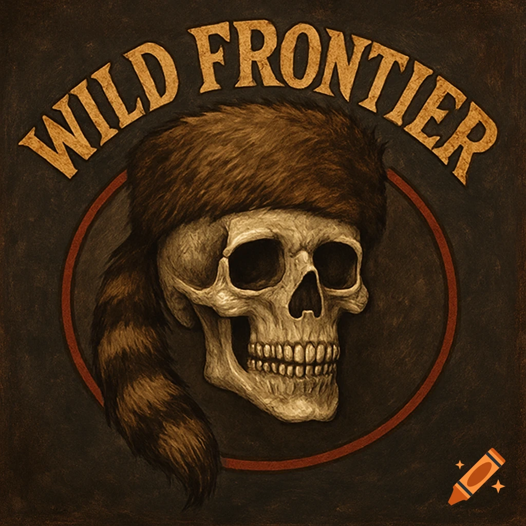 Stylized illustration of a skull wearing a coonskin cap with "WILD FRONTIER" text above, framed by a red circle.