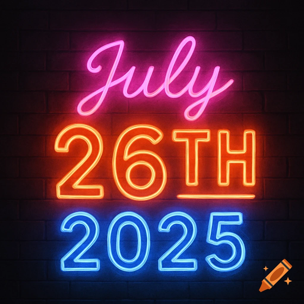 A vibrant neon sign displays the date 'July 26TH 2025' in pink, orange, and blue against a dark brick wall.
