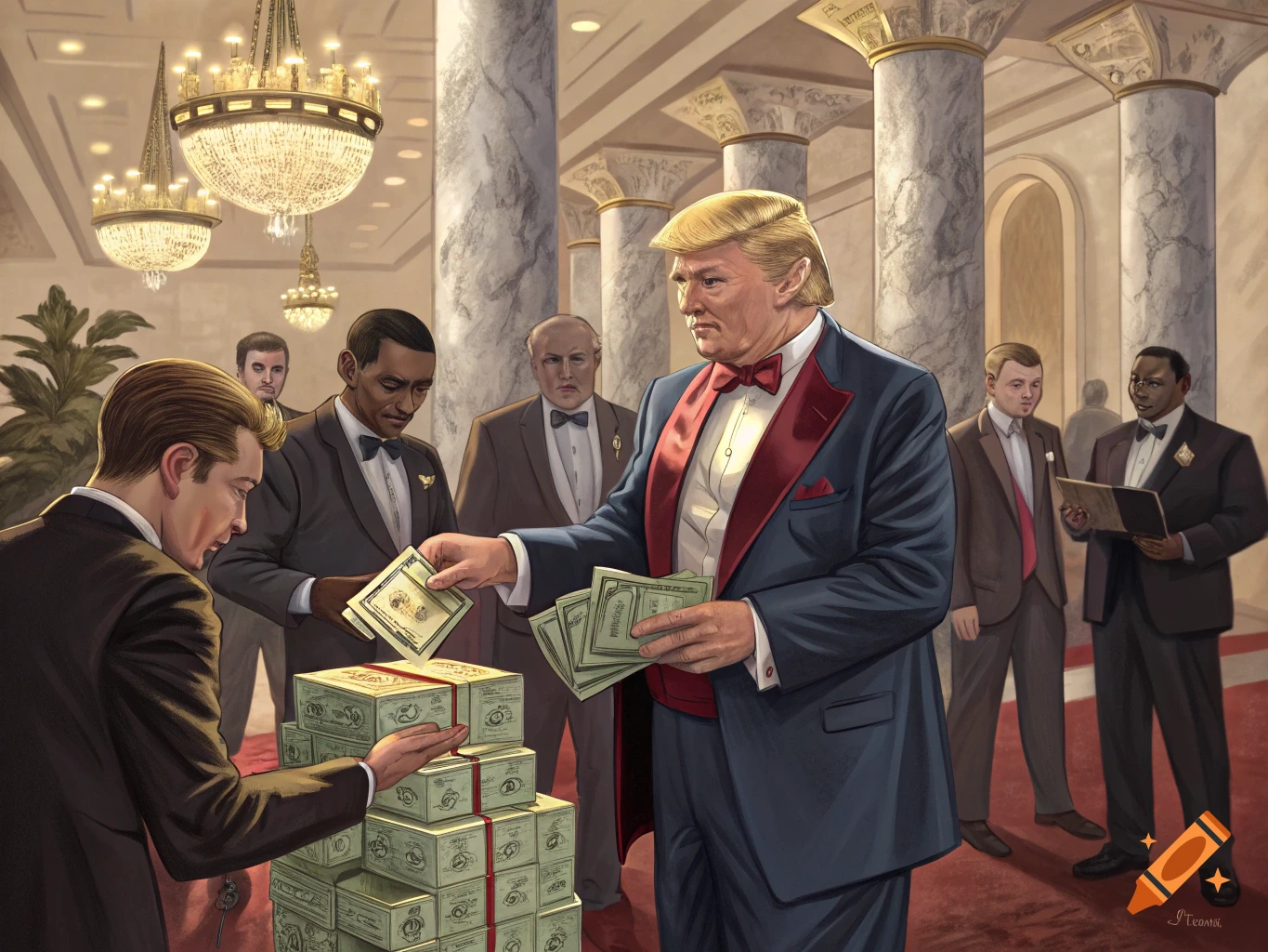 An illustration depicts Donald Trump in a tuxedo holding cash, appearing to give money to another man from a stack of cash boxes in a grand hall with marble columns and chandeliers.