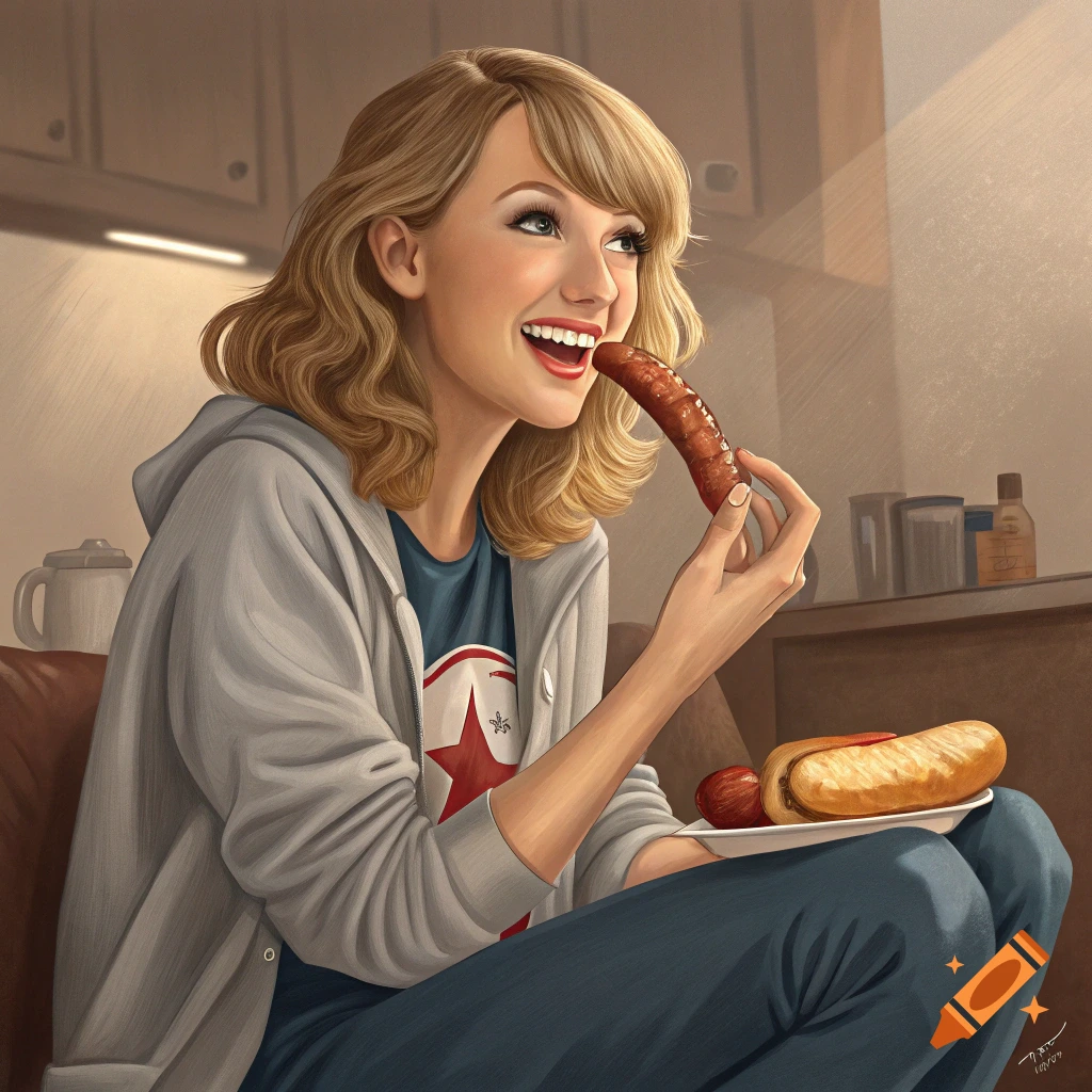 Digital painting of Taylor Swift happily eating a sausage while sitting on a couch, with a hot dog on a plate nearby.