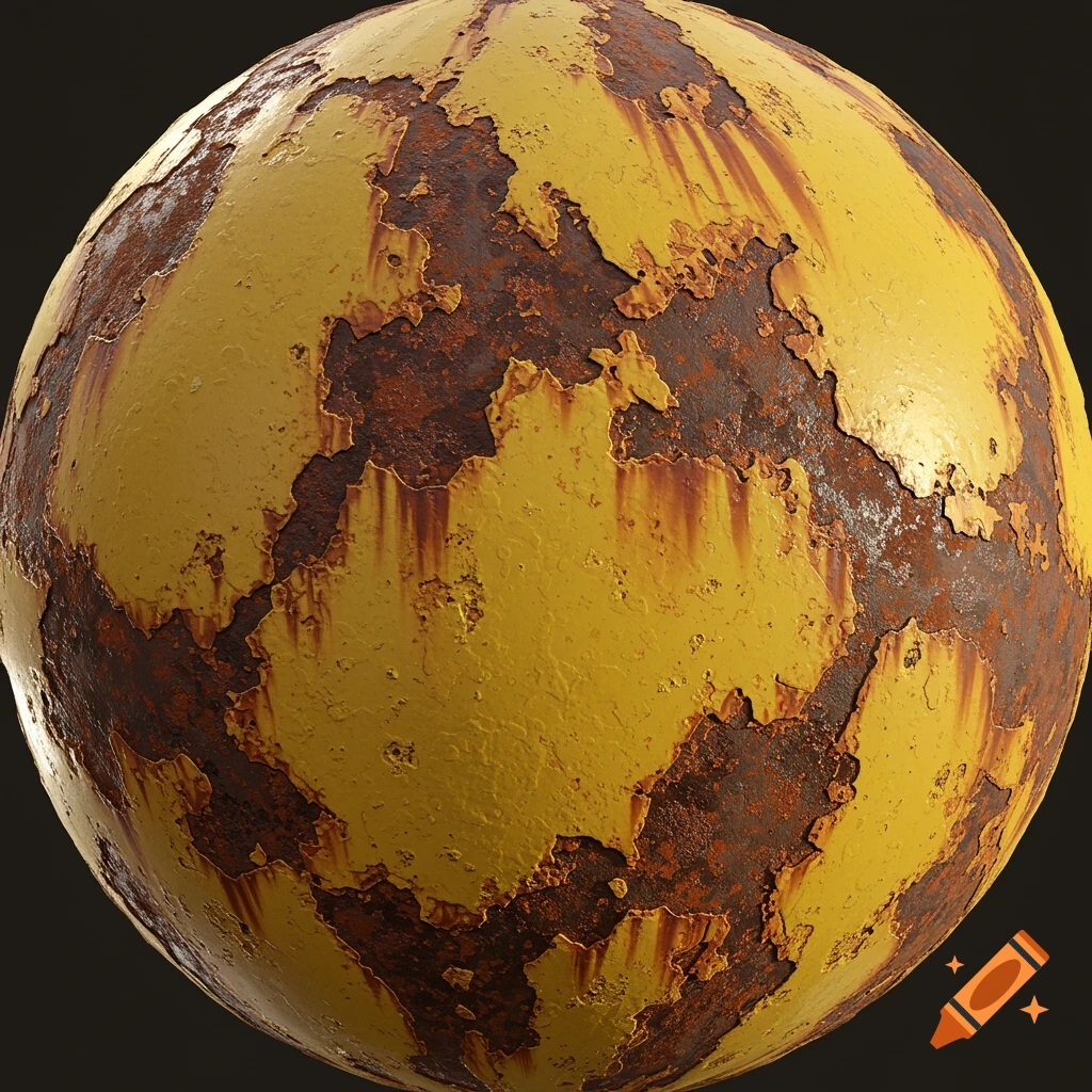 A sphere displaying a texture of peeling yellow paint and heavily rusted metal.