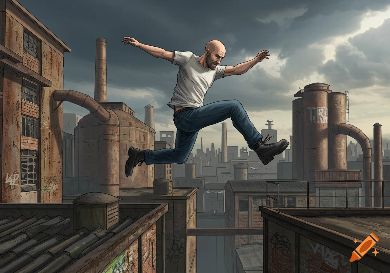 A bald man in a white t-shirt and jeans jumps across rooftops in an industrial factory district, drawn in a comic book style.