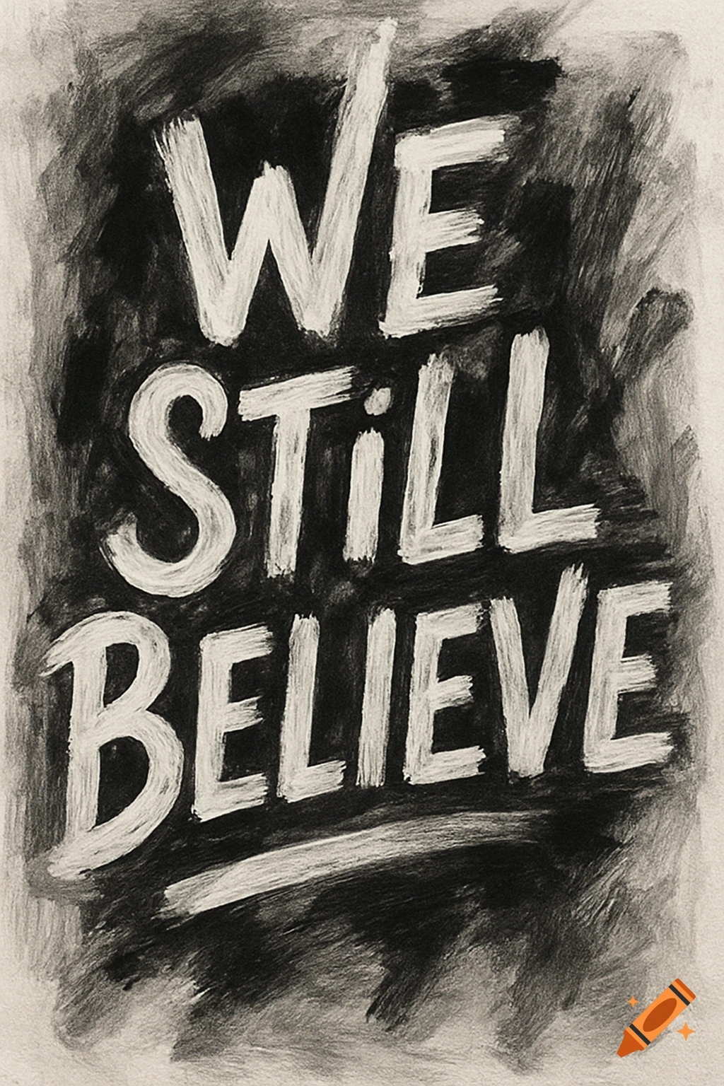 Black and white charcoal drawing with the text "WE STILL BELIEVE" in bold, white, brush-stroke letters on a dark, textured background.