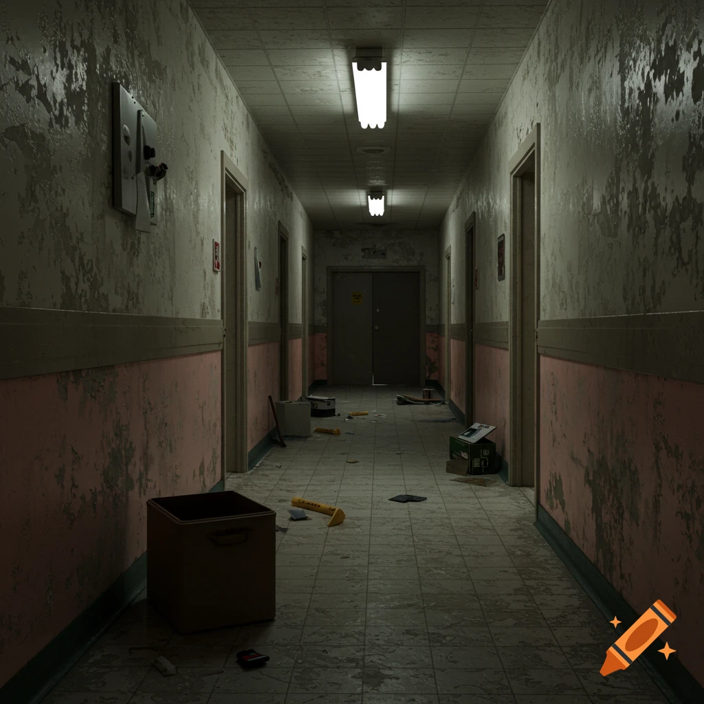 A long, dark, and dilapidated hallway with peeling paint on the walls and debris on the tiled floor.