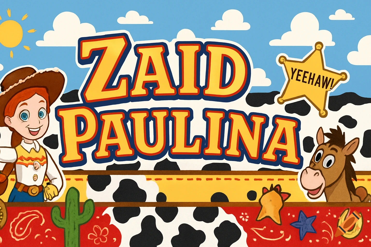 Cartoon banner with Toy Story's Jessie and Bullseye, featuring "ZAID PAULINA" text and western elements like cow print, cactus, and a "YEEHAW!" sheriff badge.