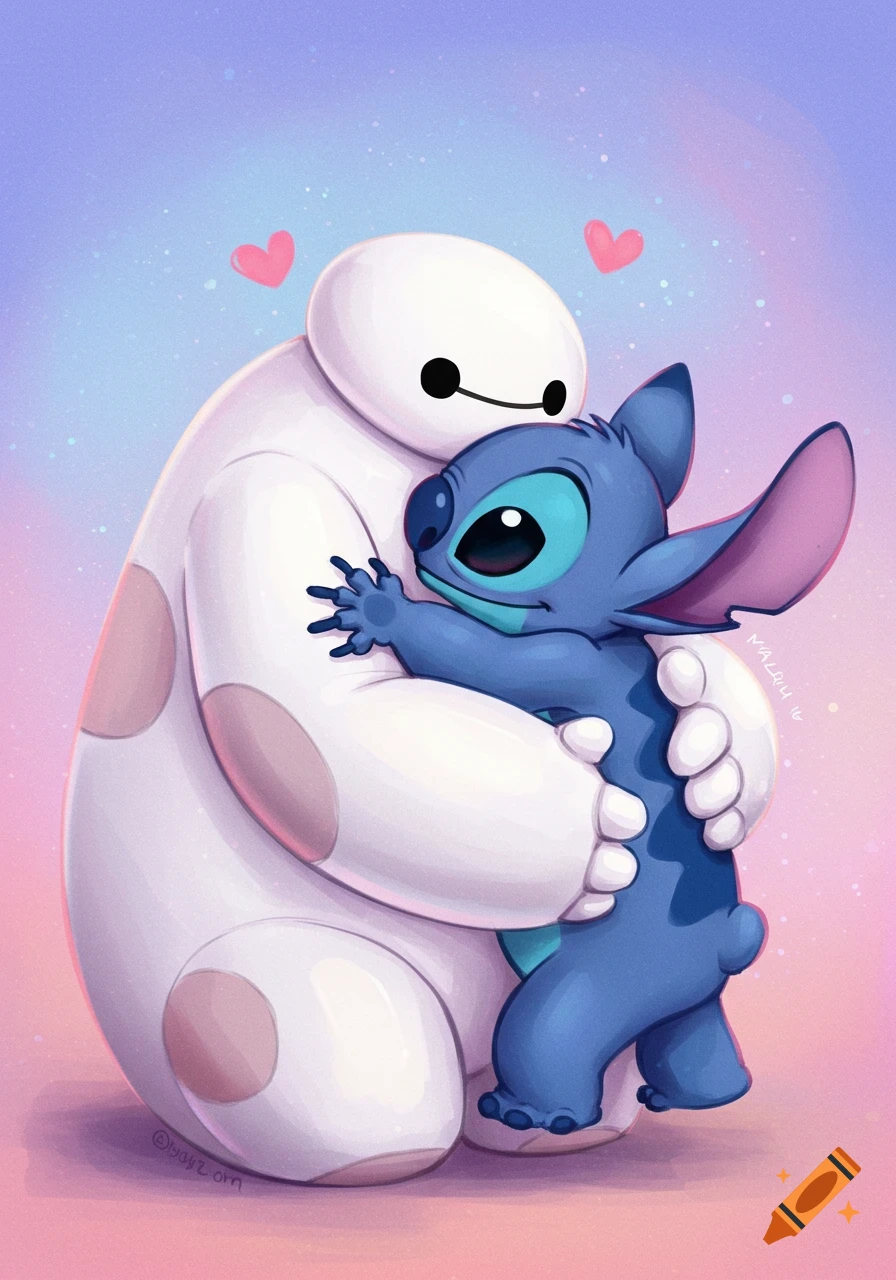 Cartoon illustration of white Baymax hugging blue Stitch with pink hearts and a gradient background.
