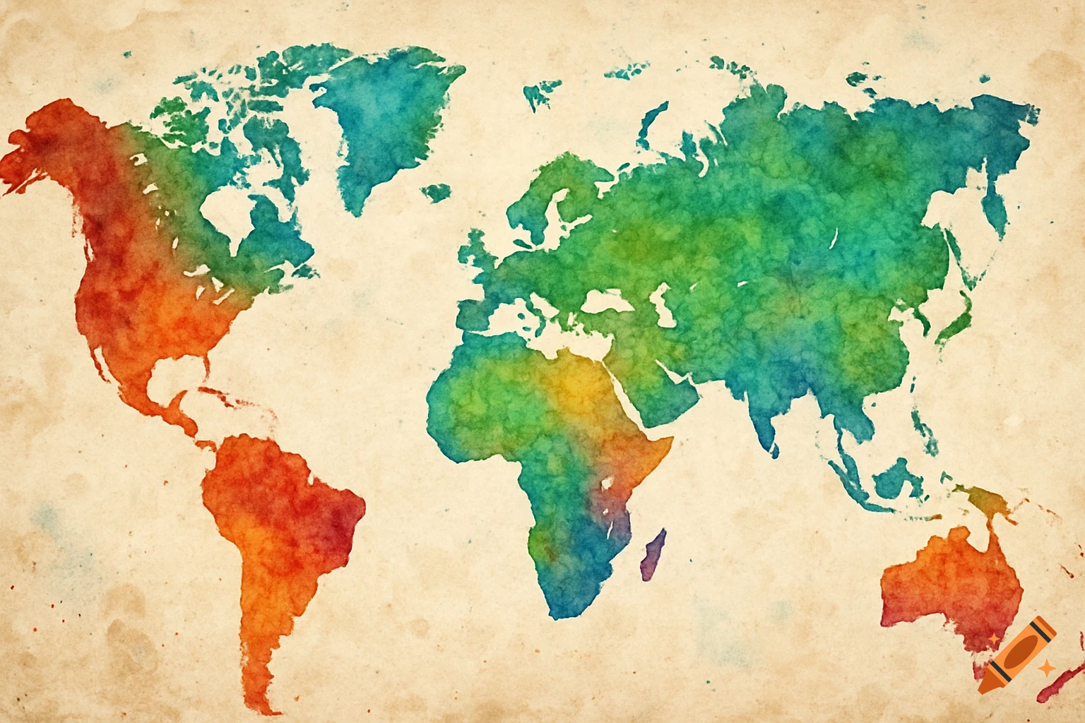 A colorful watercolor world map on aged paper.