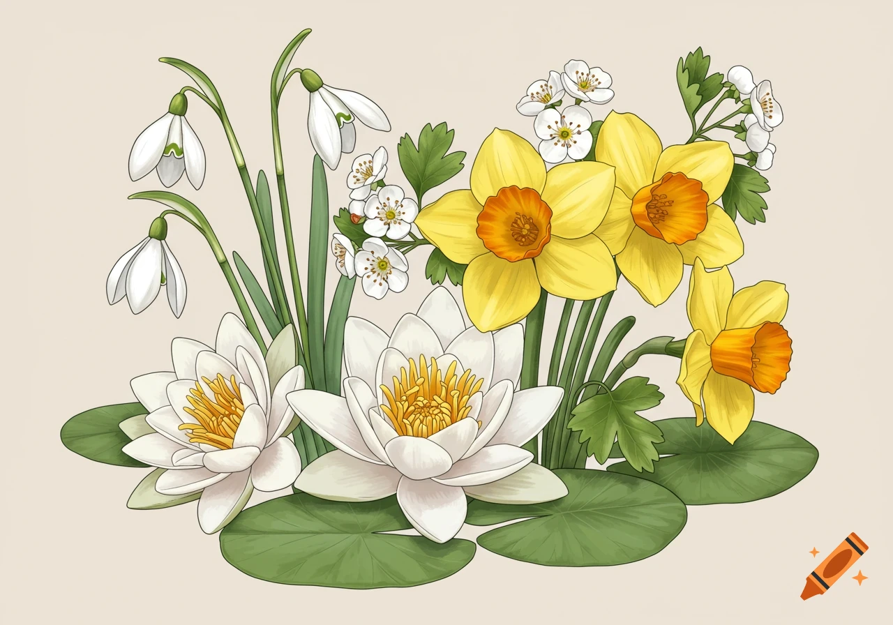 An illustrated bouquet featuring white snowdrops, small white hawthorn blossoms, white water lilies on green pads, and yellow daffodils.