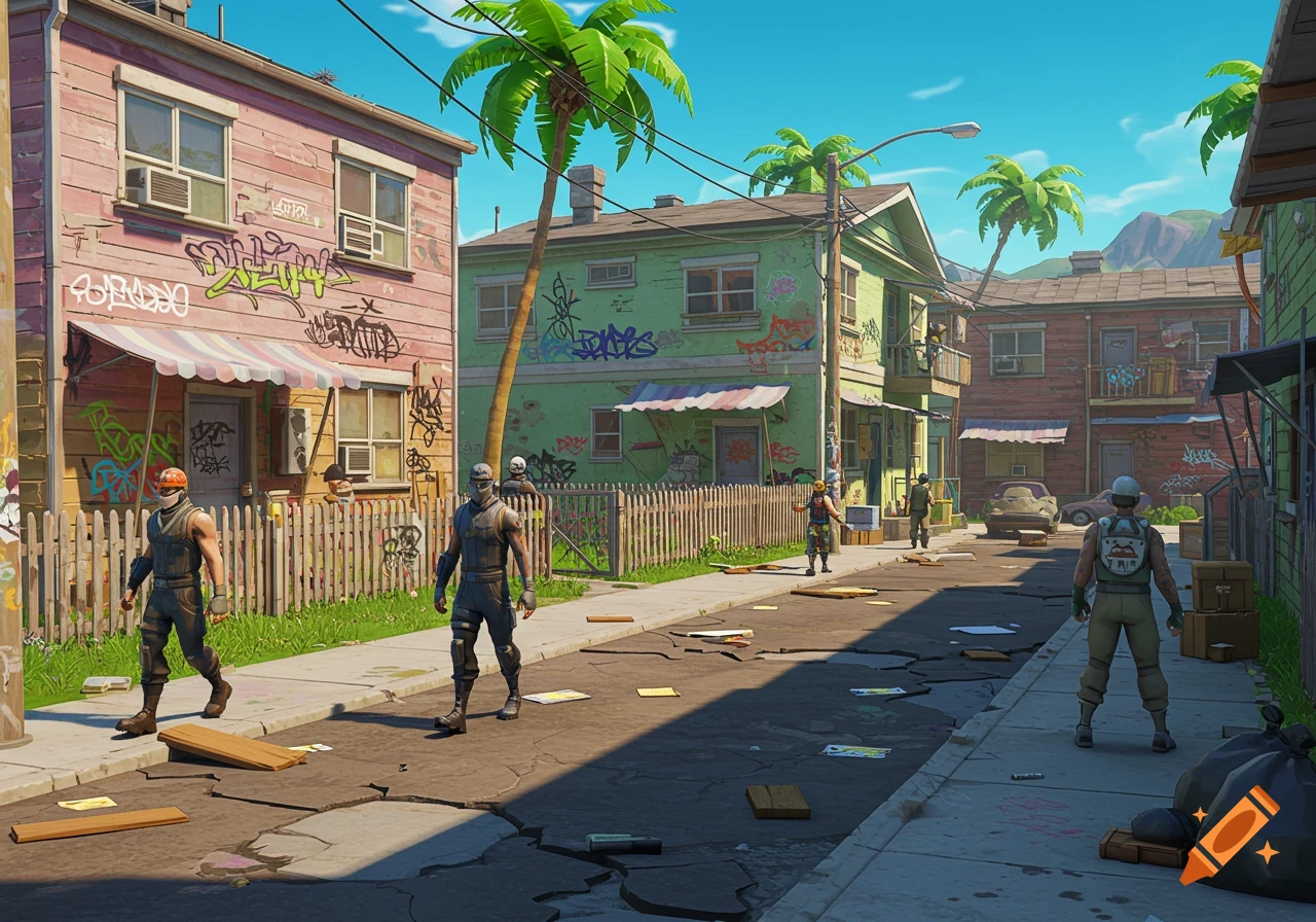 A stylized Fortnite game scene of a rundown residential street with graffiti-covered buildings, palm trees, and characters walking on the sidewalk and street.