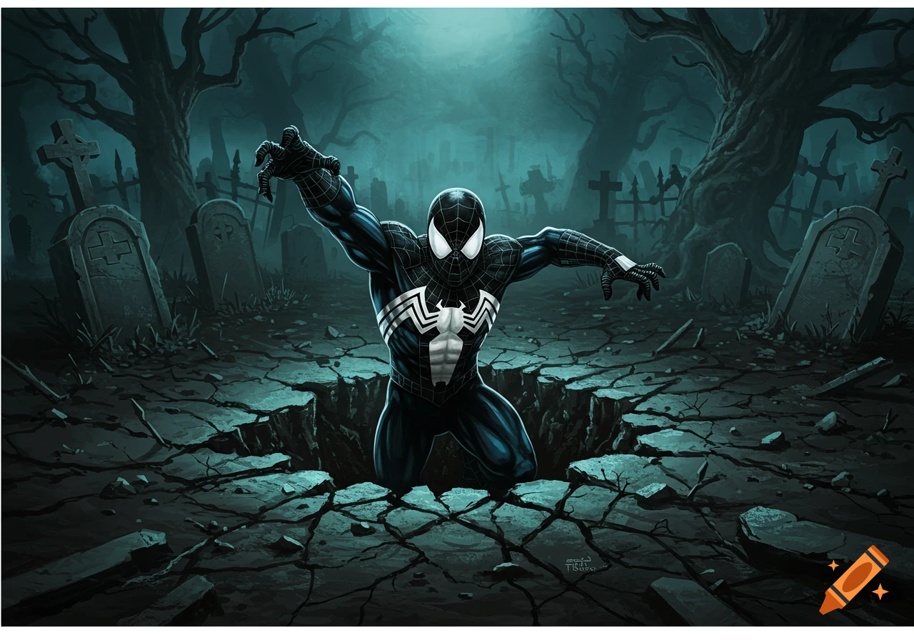 Symbiote Spider-Man emerges from cracked ground in a dark, moonlit graveyard. Comic book style.