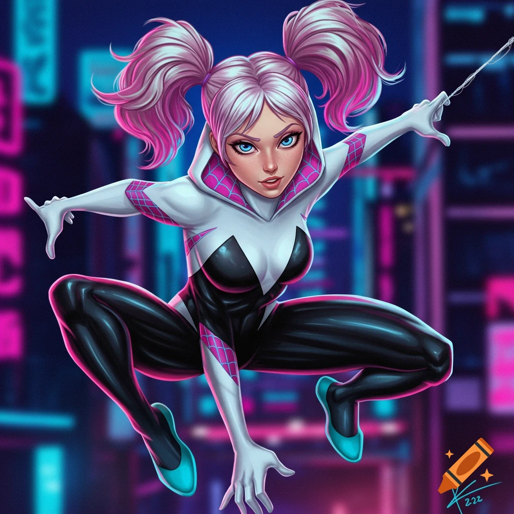A vibrant, anime-style illustration of Spider-Gwen in her white, black, and pink suit, crouching against a blurred neon cityscape background.