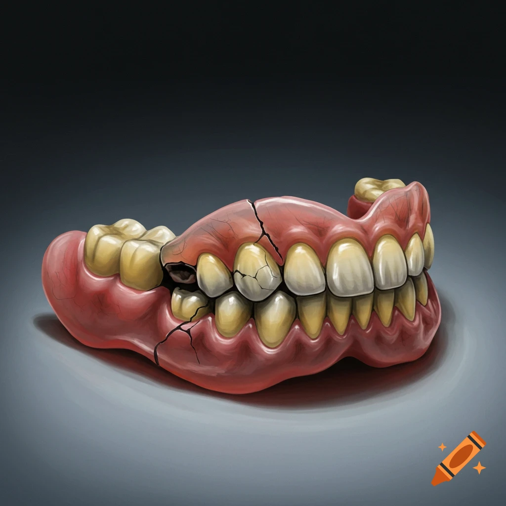 An illustration of a broken and cracked set of dentures with yellowed teeth.